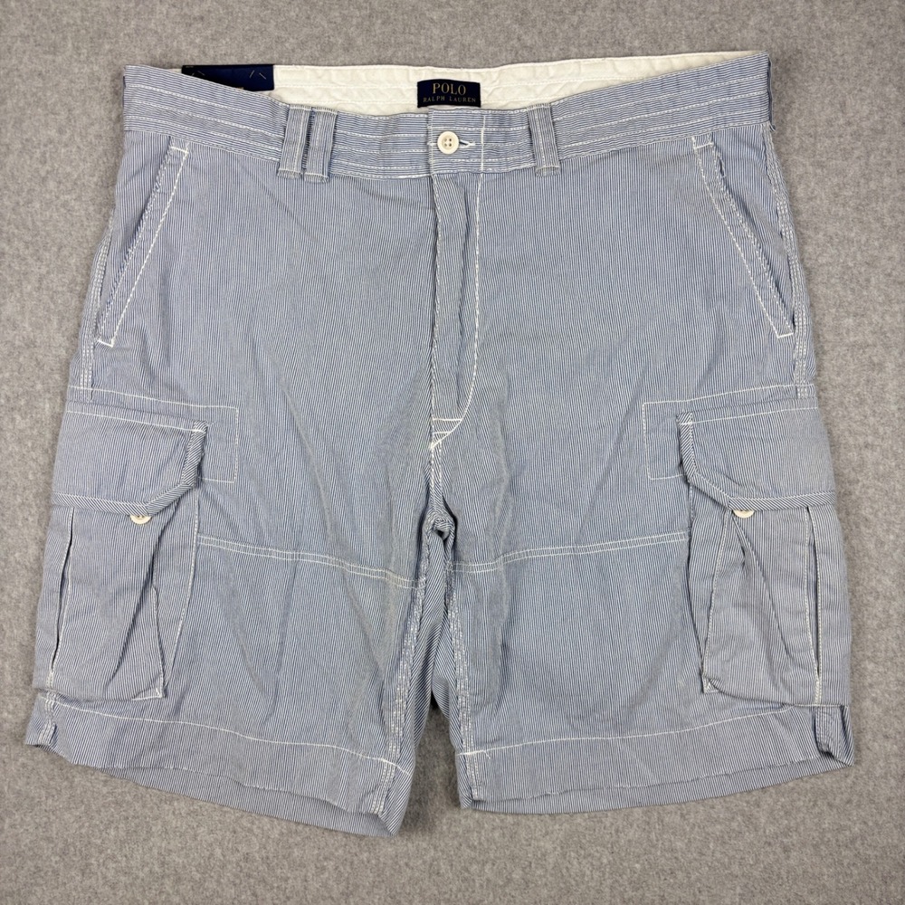 Polo Ralph Lauren Cargo Shorts Mens Size 40 Blue White Seersucker Striped NWT